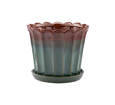 8.5" Round Burgundy and Green Pot With Saucer