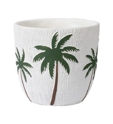 6" Green and White Palm Ceramic Pot