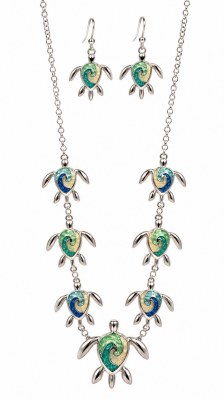 Set of Silver and Multicolor Sea Turtle Earrings and Necklace
