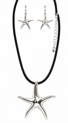 Set of Silver Starfish Earrings and Black Cord Necklace