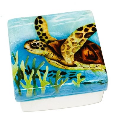 3" Sq Swimming Sea Turtle Capiz Box