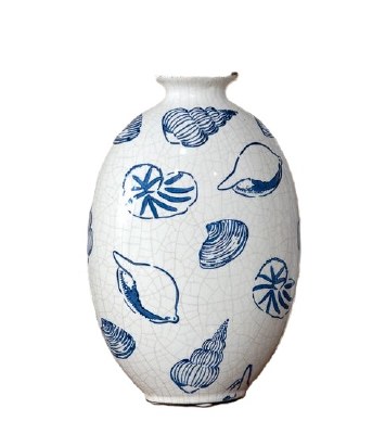 11" Distressed Blue Shells on White Ceramic Vase