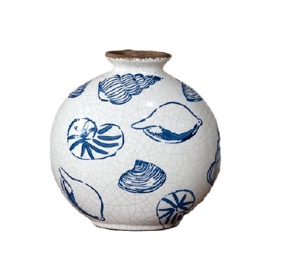 7" Distressed Blue Shells on White Ceramic Vase
