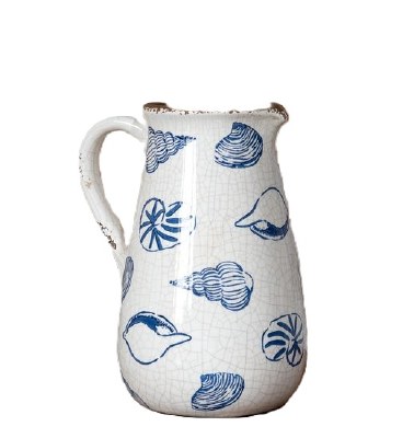 10" Distressed Blue Shells on White Ceramic Pitcher