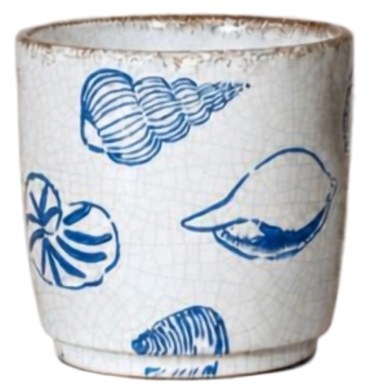 5" Distressed Blue Shells on White Ceramic Pot