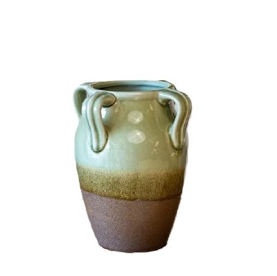 8" Green and Brown Four Handle Ceramic Vase