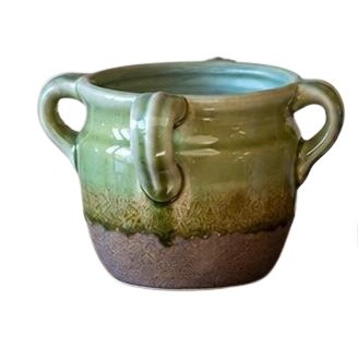 7" Green and Brown Four Handle Ceramic Vase