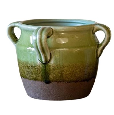 9" Green and Brown Four Handle Ceramic Vase