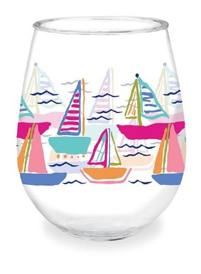 15 Oz Multicolor Sailboats Acrylic Stemless Wine Glass