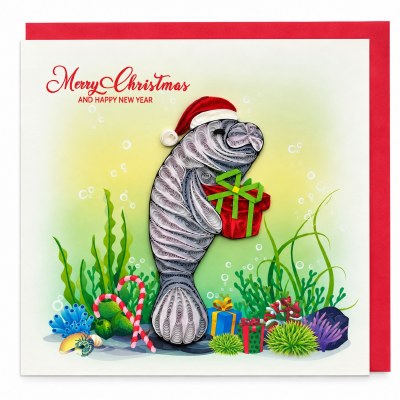 6" Sq "Merry Christmas and Happy New Year" Santa Manatee Quilling Card