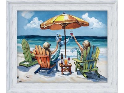 31" x 37" Multicolor Mermaids in Chairs Coastal Gel Textured in Distressed White Frame