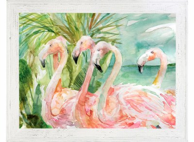 37" x 47" Four Flamingos Coastal Gel Textured Print in Distressed White Frame