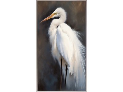 62" x 32" White Egret on Smoked Background Coastal Framed Canvas