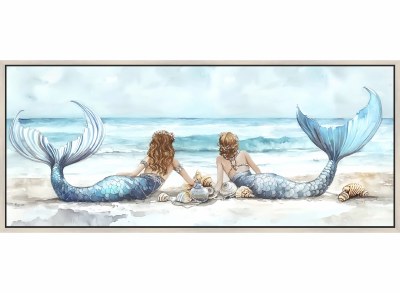 22" x 50" Two Mermaids on the Beach Coastal Framed Canvas