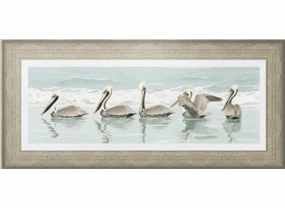 20" x 44" Five Pelicans Coastal Gel Textured Print in a Distressed Natural Frame