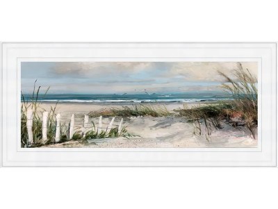 24" x 52" White Fence Beach Coastal Gel Textured Print in a White Frame