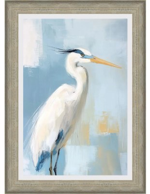 44" x 32" Blue and White Heron 1 Coastal Gel Textured Print in a Distressed Natural Frame