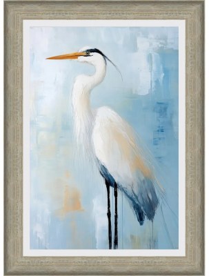 44" x 32" Blue and White Heron 2 Coastal Gel Textured Print in a Distressed Natural Frame