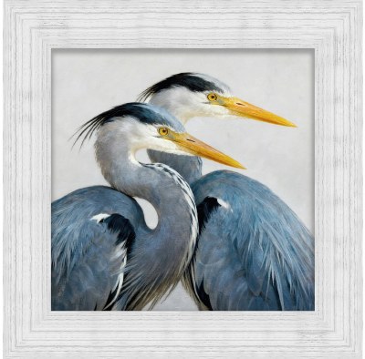25" Sq Two Blue Herons Peace Coastal Gel Textured Print in a Distressed White Frame