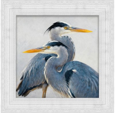 25" Sq Two Blue Herons Serenity Coastal Gel Textured Print in a Distressed White Frame