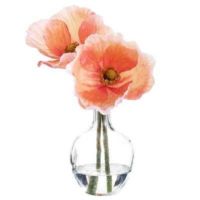 12" Faux Coral Poppies in a Glass Vase