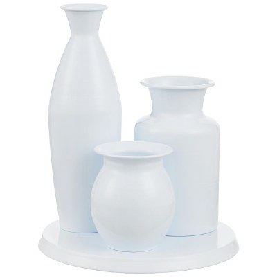 12" Ceramic White Three Vase on a Plate