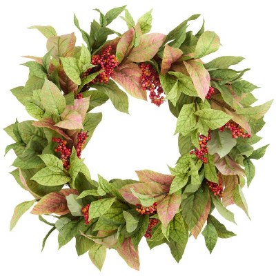 30" Faux Green Leaves with Pink and Red Berries Wreath