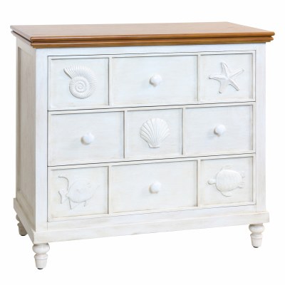 36 Distressed White and Brown Three Drawer Sealife Chest