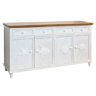 68" Distressed White and Brown Four Door Four Drawer Credenza