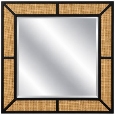 38" Sq Black and Natural Rattan Wall Mirror