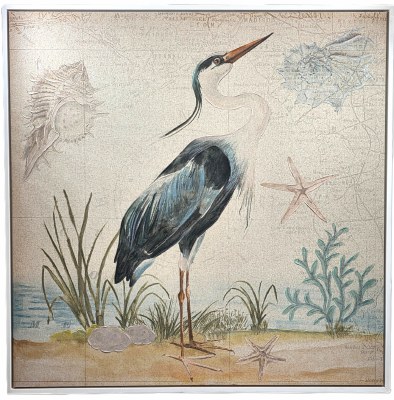 48" Sq Blue Heron on Map Coastal Framed Canvas