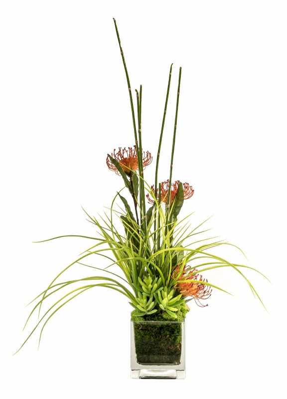 27 Faux Green Protea Arrangement With Square Glass Vase Wilford