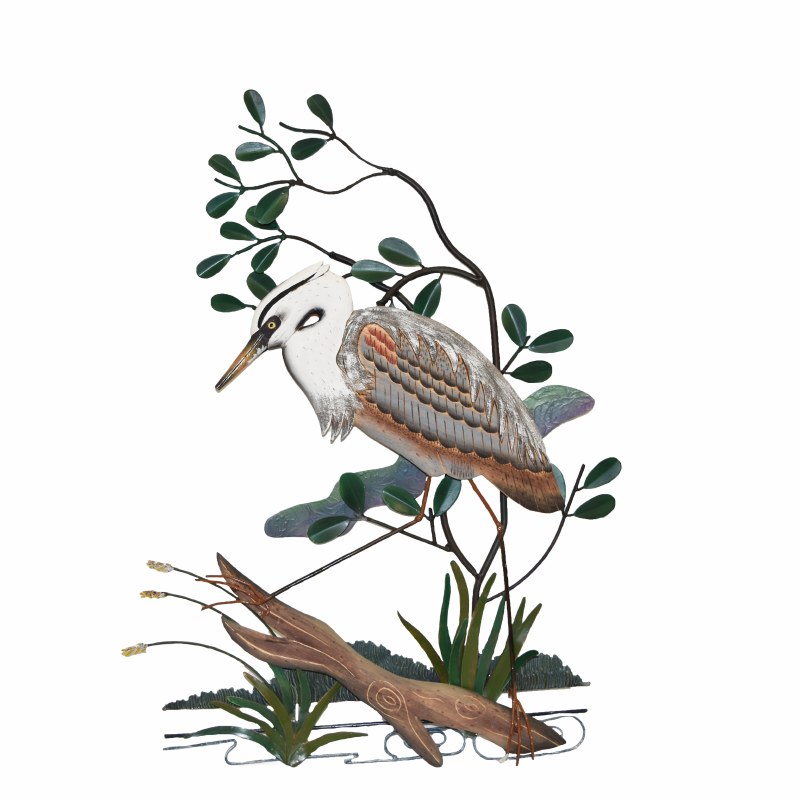 30" Wood and Metal Blue Heron Under Tree Facing Left Plaque Wilford