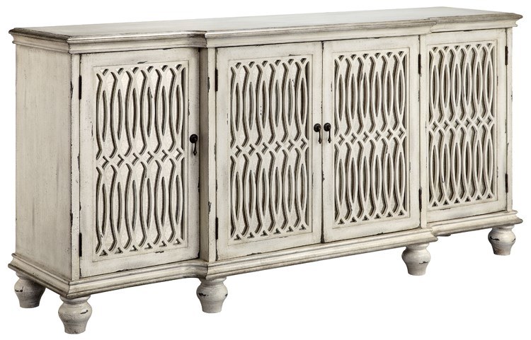 68 Distressed White Finish Mirrored Fretwork Credenza Wilford