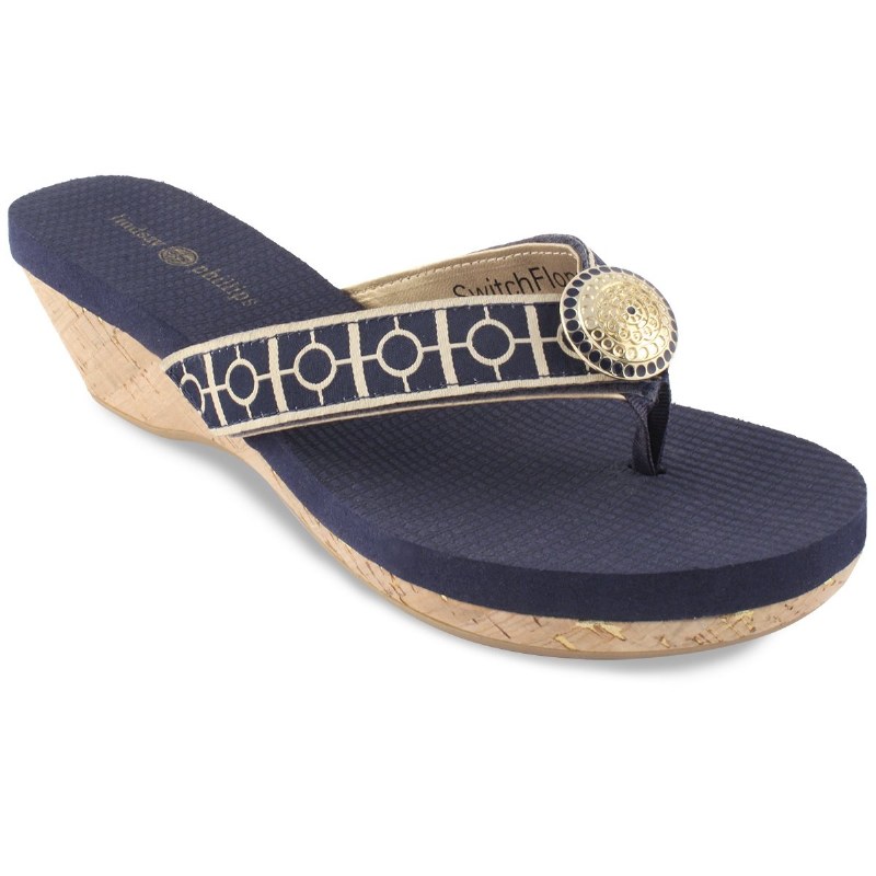 Size 10 Navy Blue and Gold Yoga Lynne Cork Wedge Flip Flops - Wilford & Lee  Home Accents