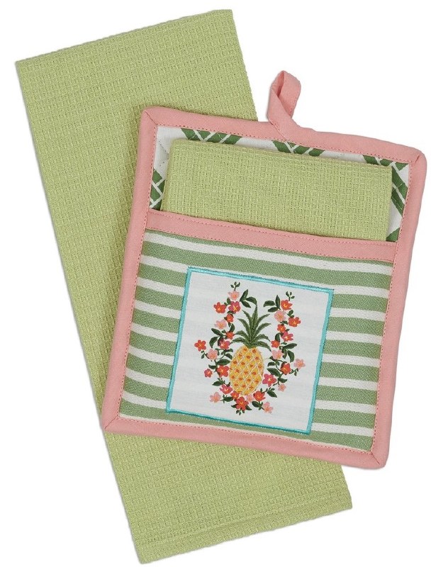 9 X 8 Pink And Green Pineapple Pot Holder And Kitchen Towel Set Wilford Lee Home Accents