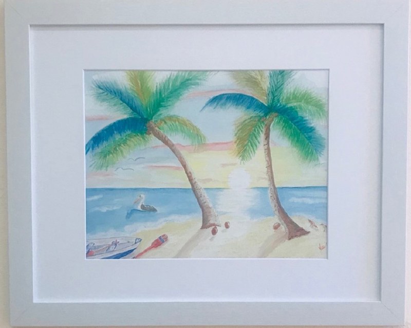 18" x 22" Pelican Under Two Palms White Framed Wall Art Under Glass