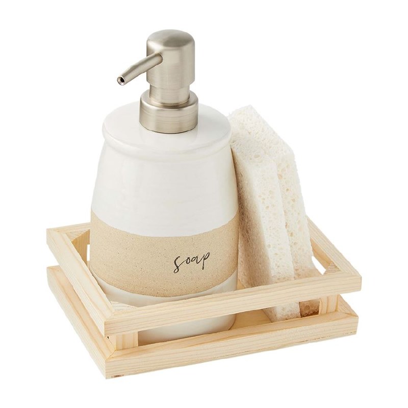 Download 8 White And Beige Stoneware Soap Dispenser With Sponges And Wood Tray By Mud Pie Wilford Lee Home Accents