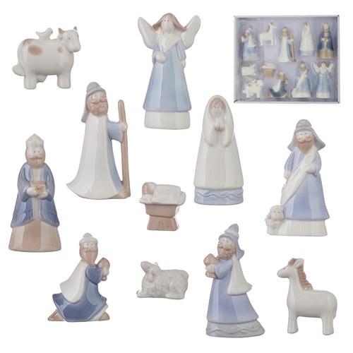 Set of 11 4" White and Blue Ceramic Nativity Figurines Wilford & Lee