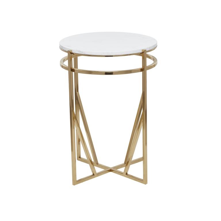 21" Round White Marble Top With Gold Geometric Metal Base Accent Table