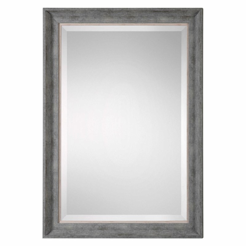 42" x 30" Silver Gray Sloped Wood Wiith Natural Wood Rim Wall Mirror