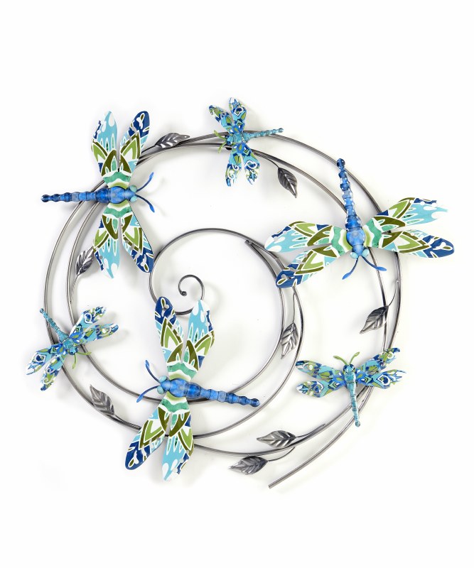 25" Round Green and Blue Dragonflies in Silver Metal Circle Wall Art Plaque Wilford & Lee Home