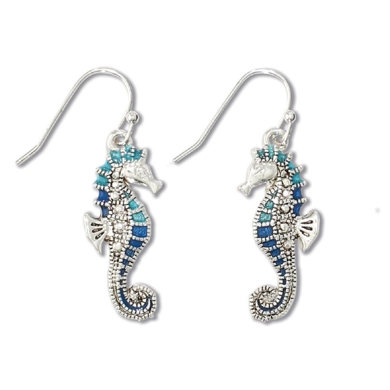 Silver Toned Seahorse Drop Earrings With Turquoise and Blue Inlay