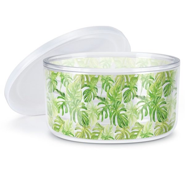 Tropical Leaves Tritan Double Wall Insulated Bowl With Lid
