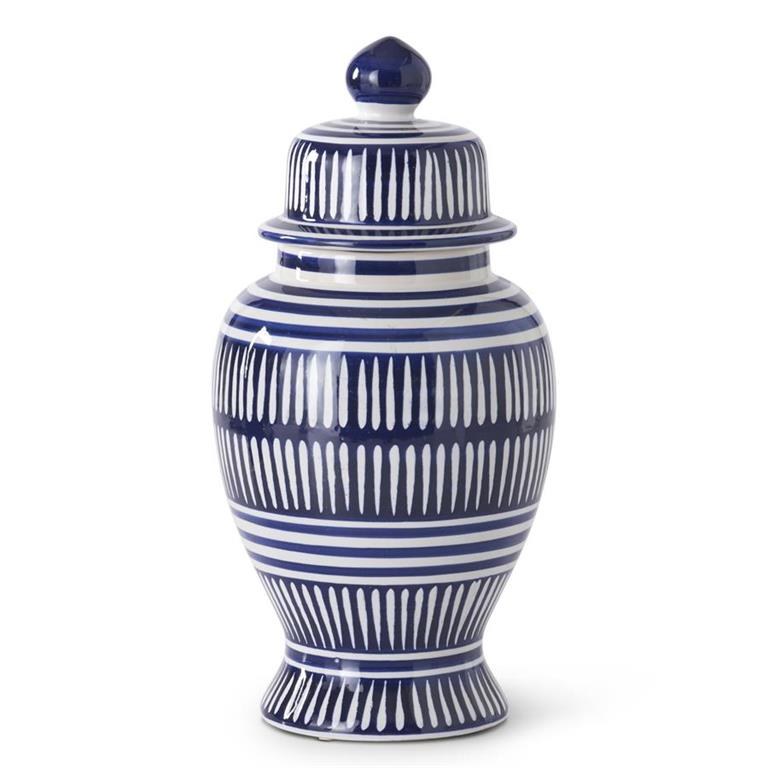 15" Dark Blue and White Ceramic Lines Jar With Lid Wilford & Lee Home