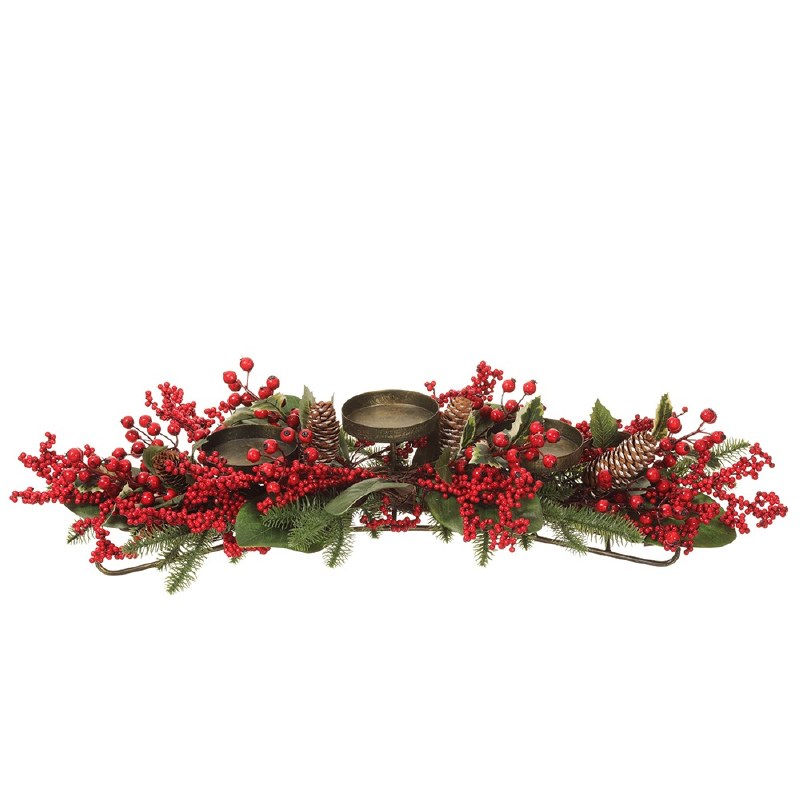 32 Green Pine Triple Candle Holder with Berries and Iridescent