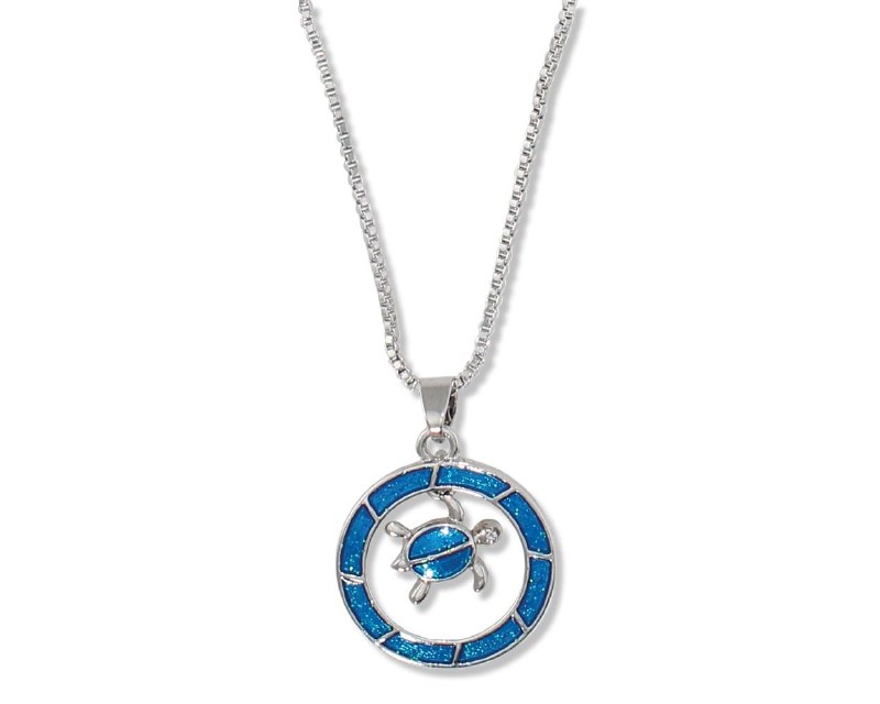16" Silver Toned Blue Glitter Enamel Inlay Turtle Necklace - Wilford ...