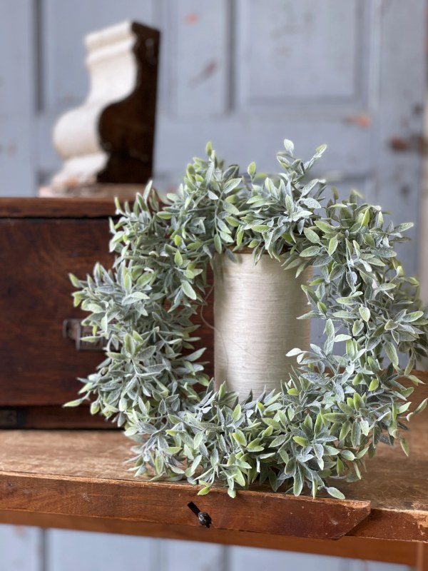 6" Opening Faux Frost and Green Tiny Leaf Candle Ring Wilford & Lee