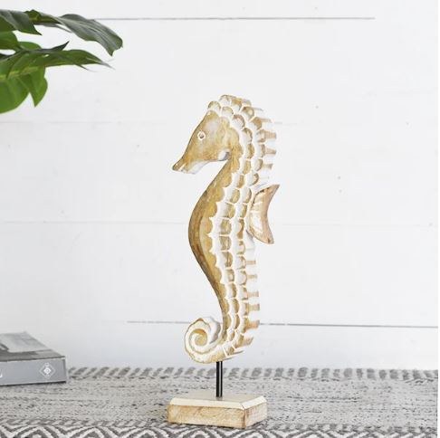 12 White Wash Wood Seahorse on a Stand - Wilford & Lee Home Accents