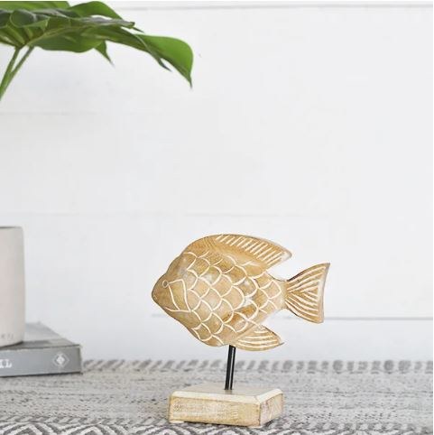 6 White Wash Wood Fish on a Stand - Wilford & Lee Home Accents